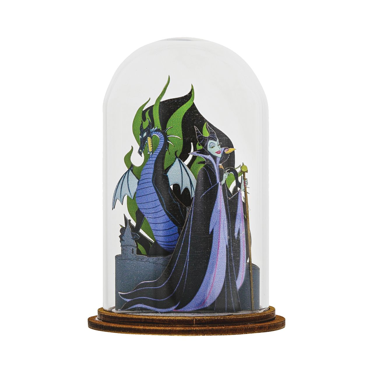 Disney Mistress of All Evil Maleficent Figurine  This stunning figurine showcases all the evil of Maleficent with her iconic dragon surrounded by green flames. This classic Sleeping Beauty decorative Kloche will make a stunning display in your home.