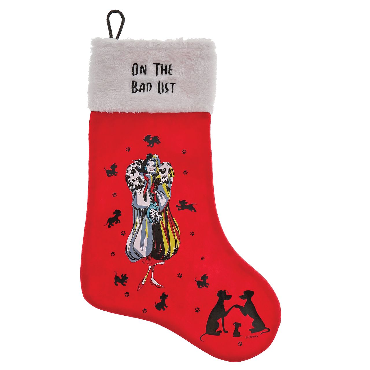 Disney 101 Dalmatians On The Bad List Cruella De Vil Stocking  Do you know anyone on Santa's bad list this year? Cruella De vil from Disney's classic 101 Dalmatians is certainly wicked enough not to make the good list. This unique Christmas stocking will make a great traditional gift, which can be enjoyed year after year.