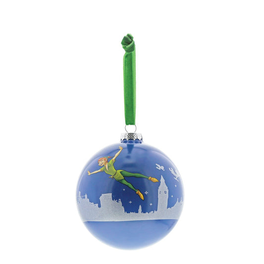 Disney Christmas Bauble Peter Pan You Can Fly  Peter Pan flys above the silhouette of London with Wendy and the boys in this beautiful glass bauble. This treasured keepsake would make a lovely unique gift for a friend, or a self-purchase to brighten up the home. Presented in a branded window box.