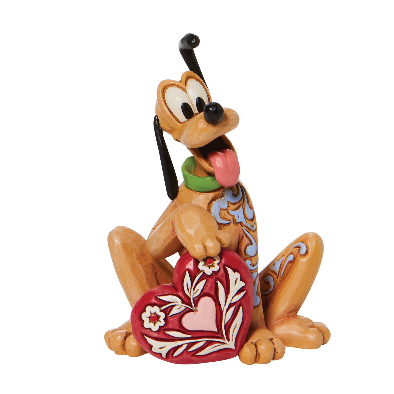 Jim Shore Pluto Heart Mini Figurine  Mickey and Minnie Mouse's pet dog, Pluto the pup, holds a rosemaled heart under his yellow paw in this lively Jim Shore figurine from Disney Traditions. With one ear raised inquisitively, Pluto wears a giddy expression in this delightful miniature.