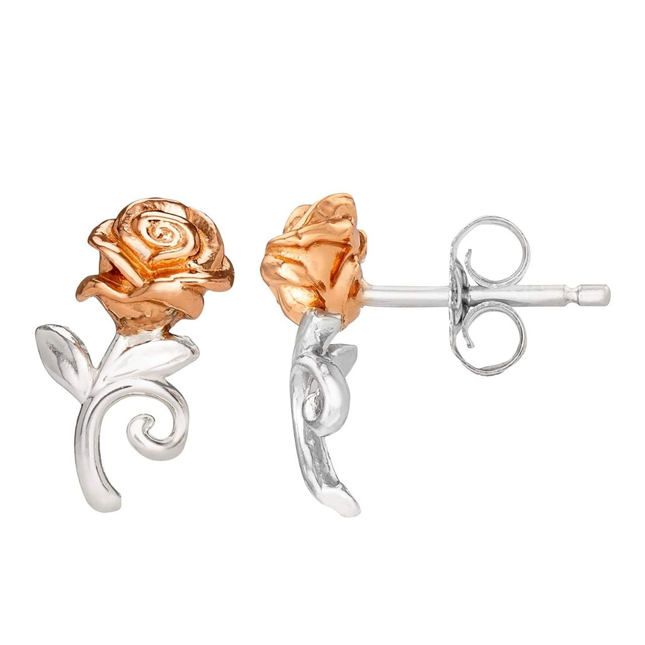 Disney Princess Silver and Rose Gold Earrings  Beautiful silver and rose gold Princess rose earrings adding a feminine touch to the Disney classic piece of Jewellery.  Trendy and fashionable design, the Disney Princess collection, sterling silver and rose gold earrings add a chic, fun touch to any outfit.