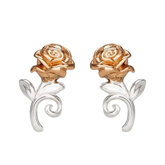 Disney Princess Silver and Rose Gold Earrings  Beautiful silver and rose gold Princess rose earrings adding a feminine touch to the Disney classic piece of Jewellery.  Trendy and fashionable design, the Disney Princess collection, sterling silver and rose gold earrings add a chic, fun touch to any outfit.