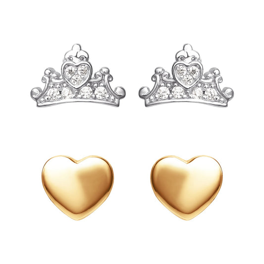 Disney Princess Silver Crown with CZ Crystals and Rose Gold Heart Earrings  Set of two earrings is composed of rose gold heart studs and silver stone crowns.  Disney Princess Collection, rose gold heart studs and silver stone crowns. adding a feminine touch to the Disney classic piece of Jewellery.