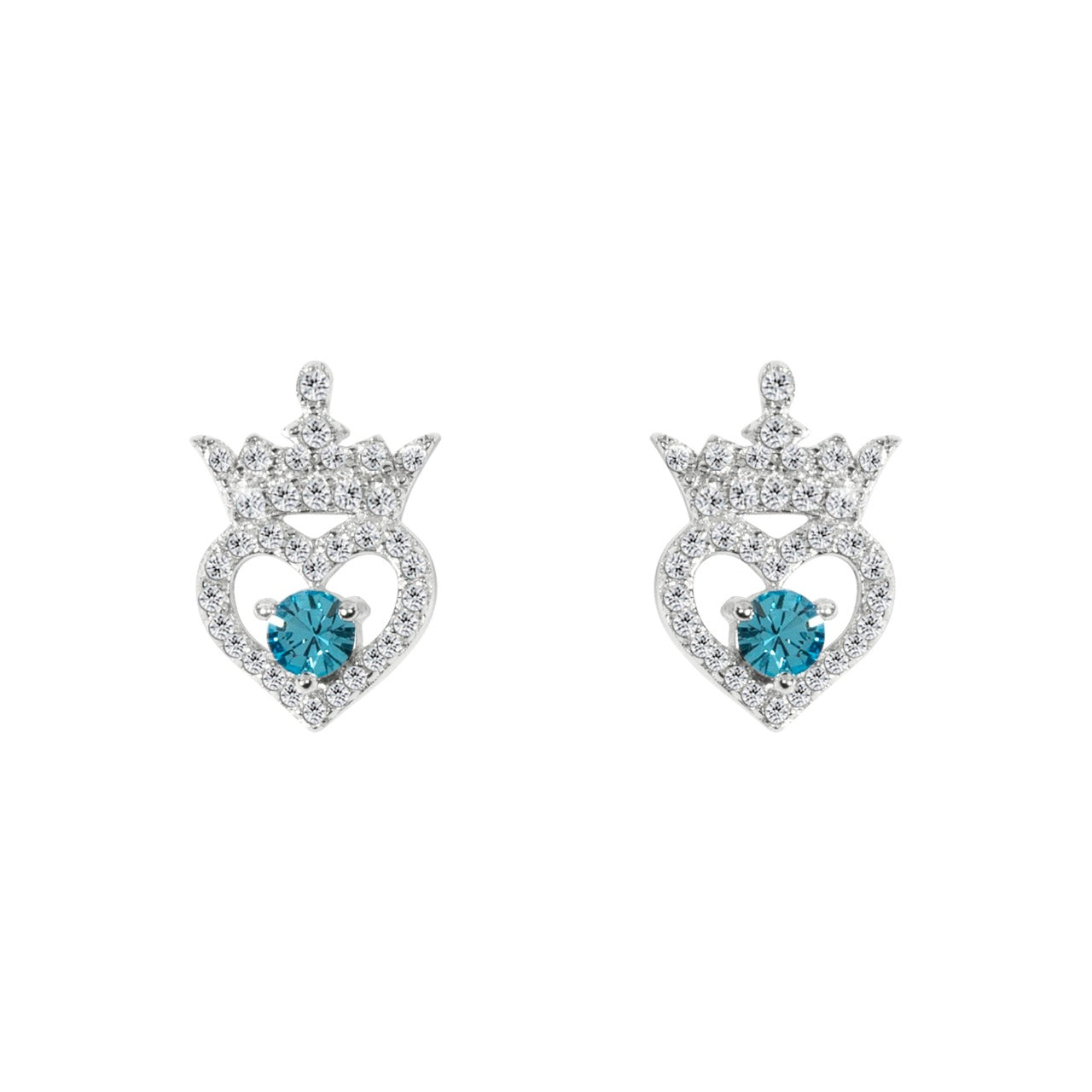 Disney Princess Sterling Silver Birthstone Crown Earrings – March  Beautiful silver Birthstone princess crown earrings with CZ crystals adding a feminine touch to the Disney classic piece of Jewellery.  Trendy and fashionable design, the Disney princess sterling silver earrings add a chic, fun touch to any outfit. the perfect gift for any Disney Princess fan.