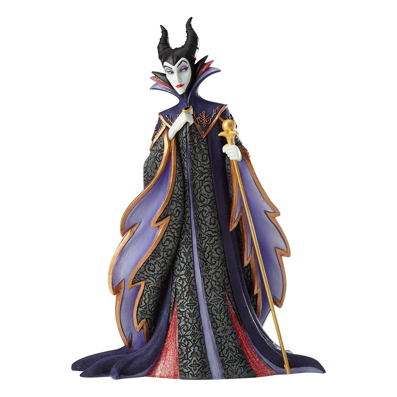 Disney Maleficent Figurine  Maleficent strikes a regal pose in this handcrafted design from the Haute Couture collection, her ominous onyx robes reimagined as a satin gown and feathered, floor-length cape. Ready to rule the runway, the fashionable figure holds a golden scepter.