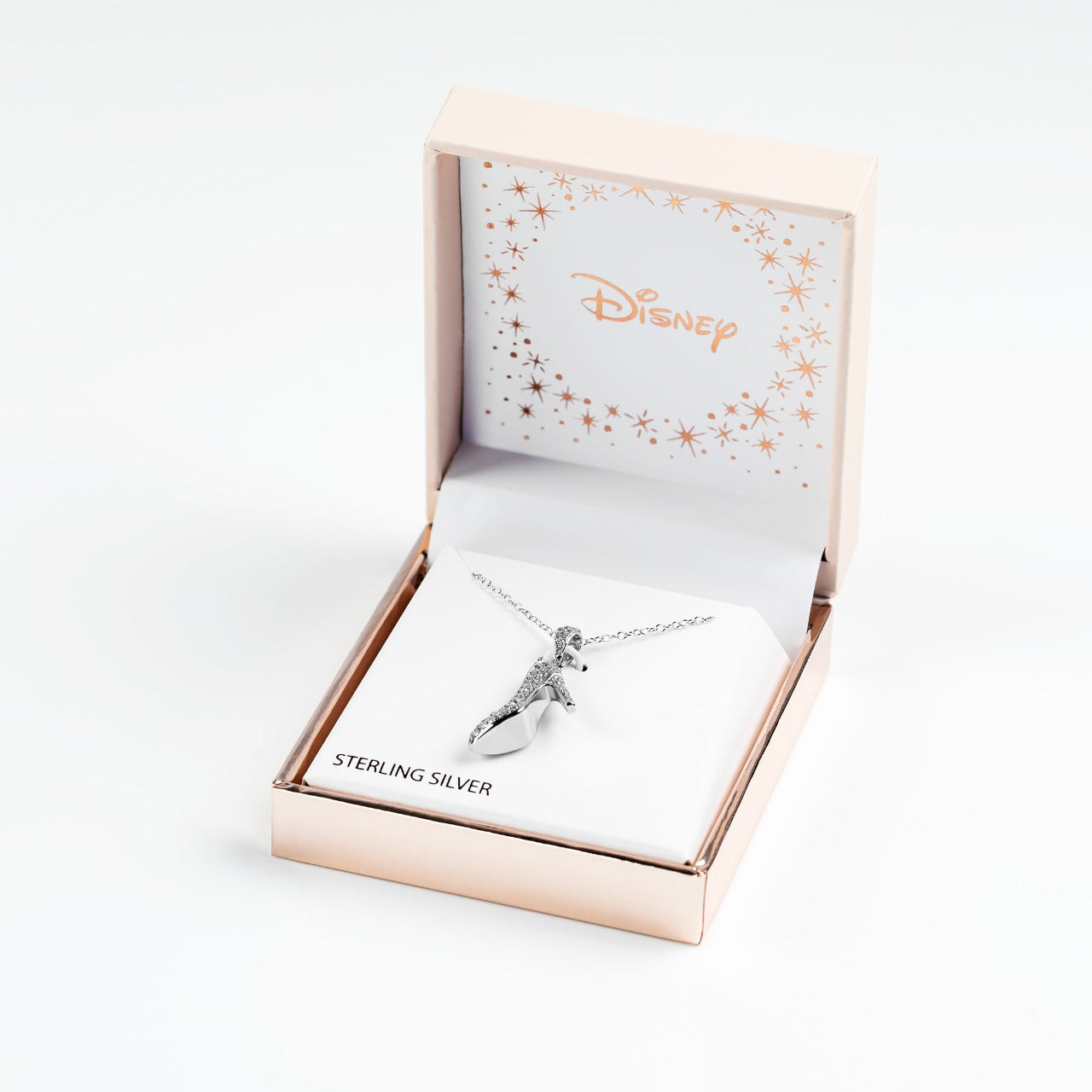 Disney Silver Cinderella Glass Slipper CZ Stones Rose Gold Heart Necklace  Disney Cinderella Princess Collection, sterling silver iconic glass slipper pendant set with clear stones and a Rose gold plated heart pendant necklace adding a feminine touch to the Disney classic piece of Jewellery.