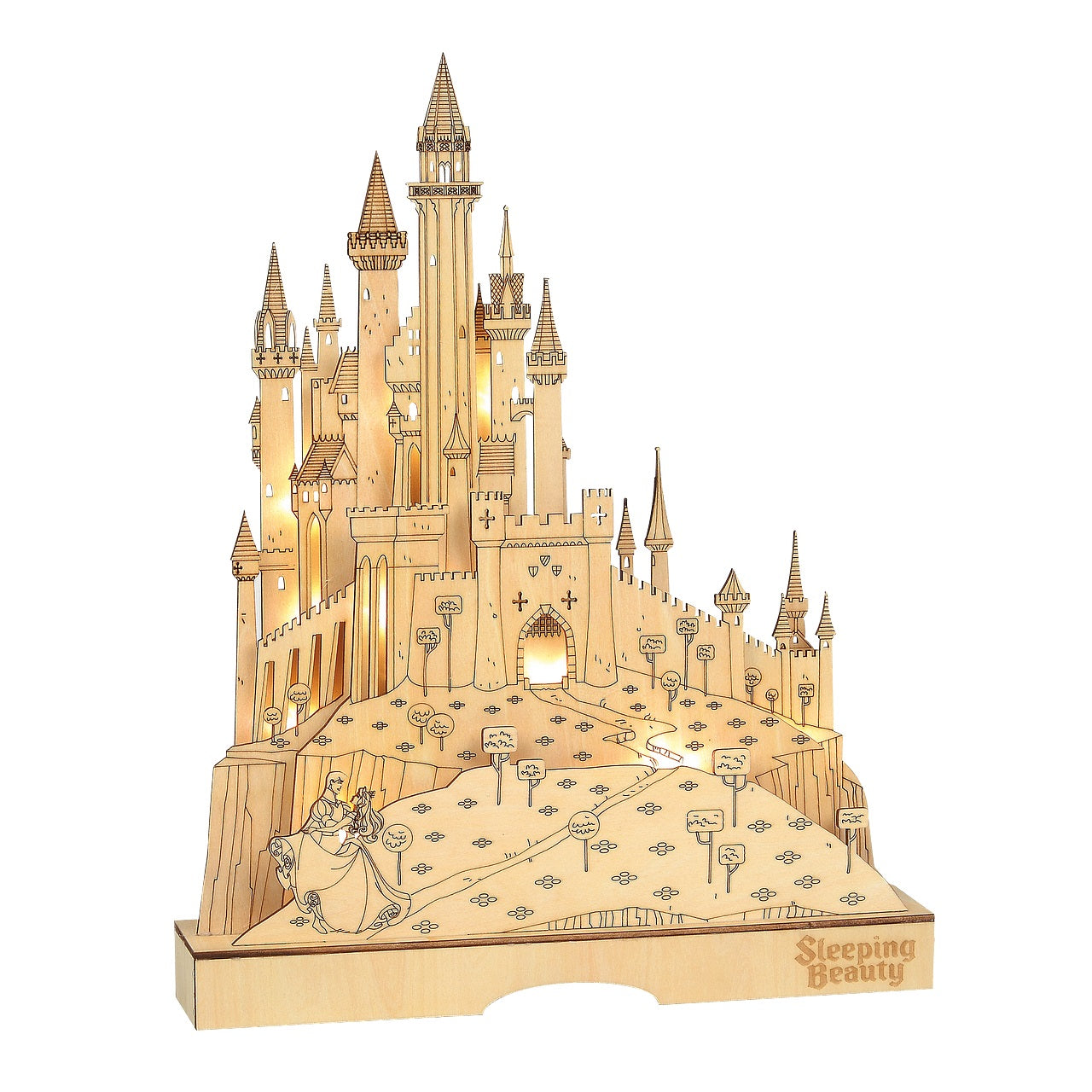 Princess Aurora and Prince Philip can be seen dancing in the woods below the magically light King Stefan's Castle. The natural elements of the Basswood are carefully crafted and layered to build a multidimensional scene. This Sleeping Beauty Castle scene with warm white led lights is the perfect centrepiece for any home decor.