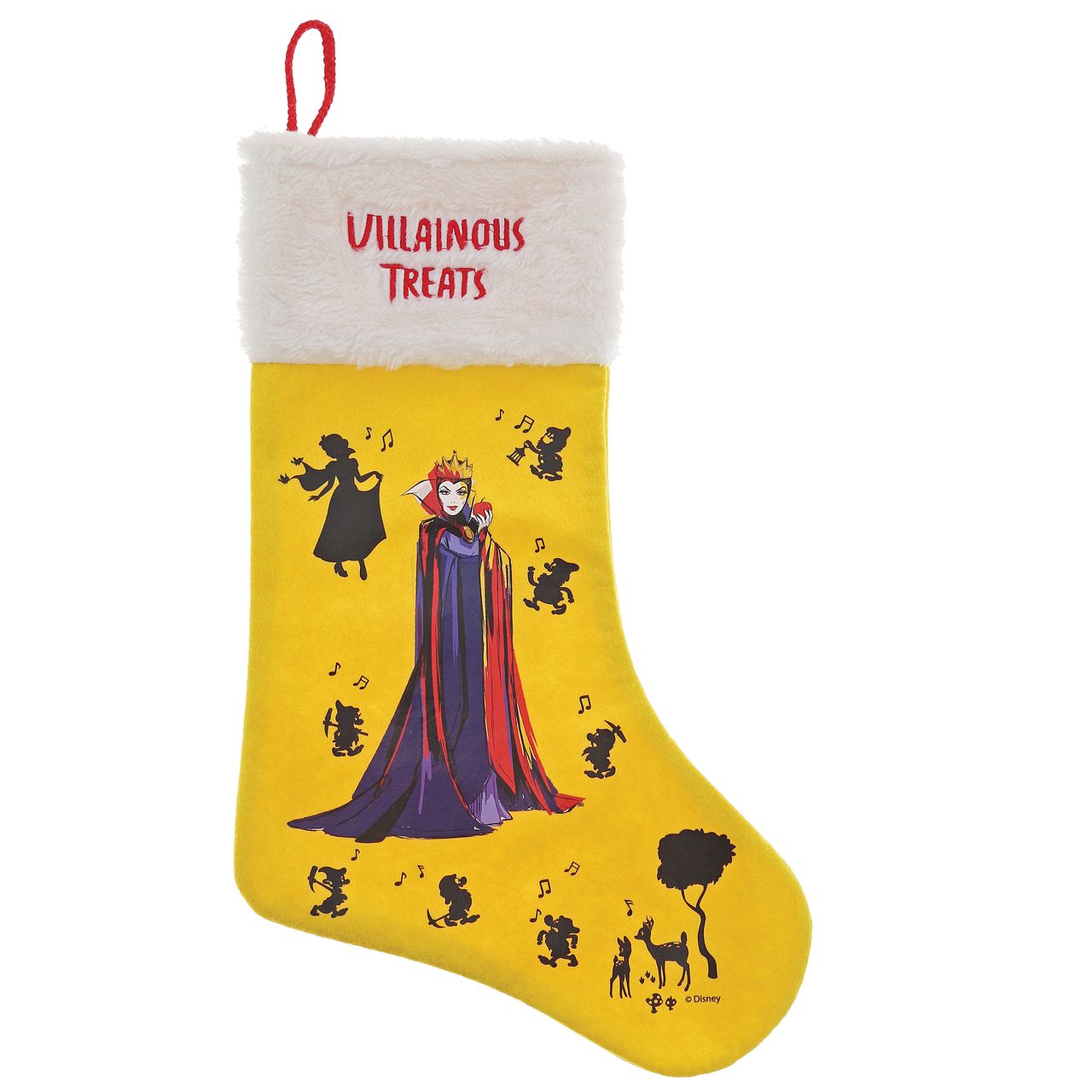 Disney Villainous Treats Evil Queen Christmas Stocking  What villainous treats will you find hiding in this Evil Queen stocking? Presented with a giftable hangtag this wicked, Snow White and the Seven Dwarfs stocking creates a unique Christmas gift, which can be enjoyed year after year.