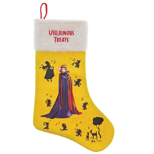 Disney Villainous Treats Evil Queen Christmas Stocking  What villainous treats will you find hiding in this Evil Queen stocking? Presented with a giftable hangtag this wicked, Snow White and the Seven Dwarfs stocking creates a unique Christmas gift, which can be enjoyed year after year.