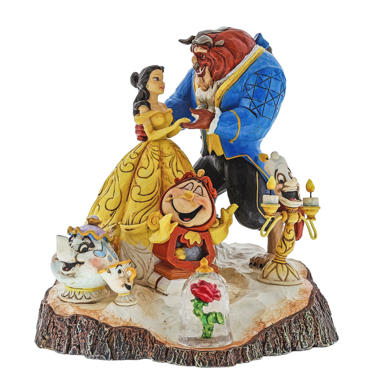 Jim Shore Disney Tale as Old as Time Carved by Heart Beauty and Beast Figurine  Jim Shore continues his Carved by Heart series paying homage to Beauty and the Beast. All 6 of the beloved characters are represented in this log hewn sculpture. Designed by award-winning artist and sculptor, Jim Shore for the Disney Tradition brand.