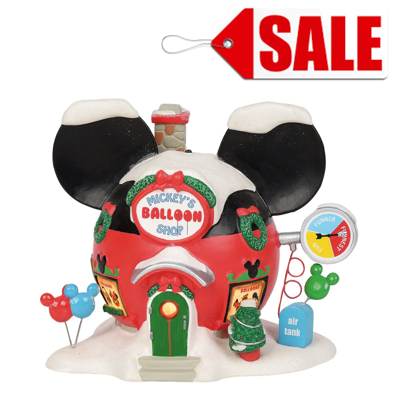 Department 56 Disney Village Mickey's Balloon Inflators Lit Building  Always working to provide endless joy to the children, Mickey Mouse whipped up this nifty building, which exists for the sole purpose of inflating balloons of all shapes and sizes. A fun addition to your Disney Village. 