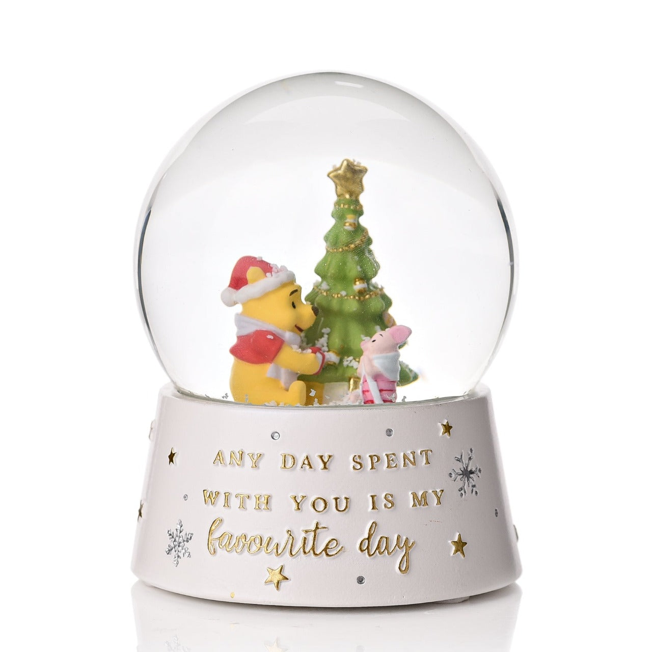 Disney Winnie The Pooh Snow Globe  This snowglobe would make a perfect addition to any little Winnie the Pooh fan's stocking. With adorable figurines and a sentimental quote featuring in gold lettering, this globe is sure to be a firm favourite this holiday season.