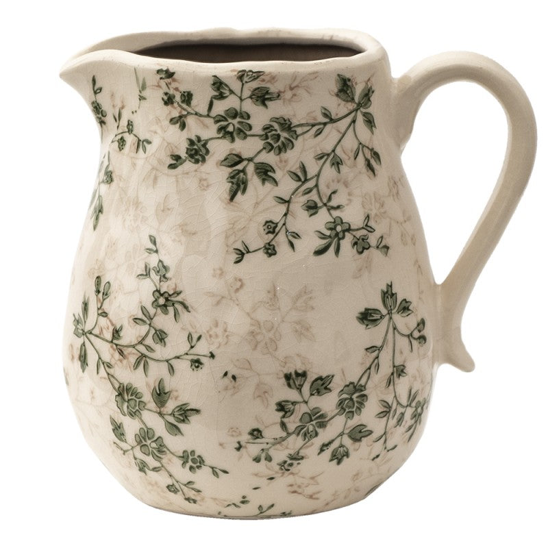 Clayre & Eef Distressed Country Style Decorative Green Beige Leaves Ceramic Pitcher  Decorative Pitcher 20*16*20 cm Green, Brown, Beige Ceramic Leaves