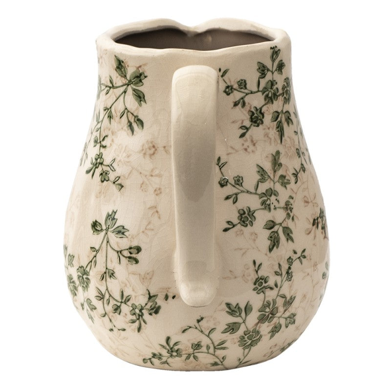 Clayre & Eef Distressed Country Style Decorative Green Beige Leaves Ceramic Pitcher  Decorative Pitcher 20*16*20 cm Green, Brown, Beige Ceramic Leaves
