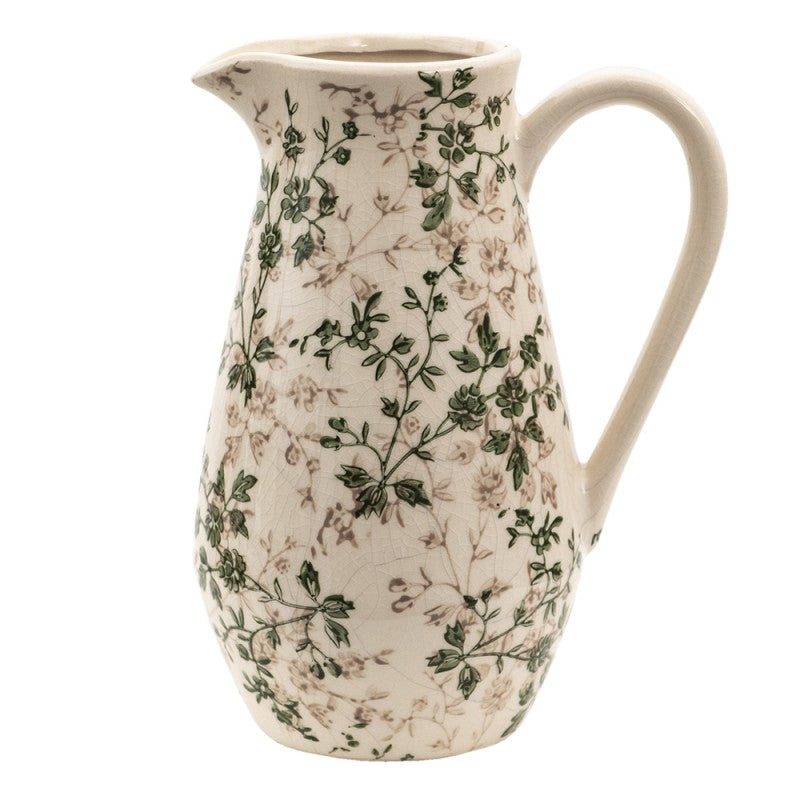 Clayre & Eef Country Style Decorative Green Beige Leaves Ceramic Pitcher  Decorative Pitcher 20*14*25 cm  Green, Brown, Beige Ceramic Leaves