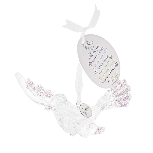 Live Simply - Acrylic Dove Hanging Ornament  Hung from a silver, organza ribbon, this stunning Dove is here to remind us to live with Grace. Our Facets are brilliant faux glass designs, reminiscent of a finely cut gem with multiple light reflections, creating a kaleidoscope of colour.