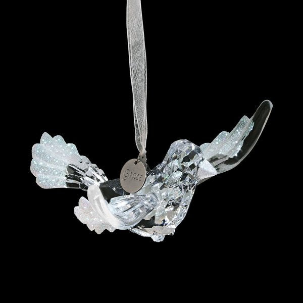 Live Simply - Acrylic Dove Hanging Ornament  Hung from a silver, organza ribbon, this stunning Dove is here to remind us to live with Grace. Our Facets are brilliant faux glass designs, reminiscent of a finely cut gem with multiple light reflections, creating a kaleidoscope of colour.