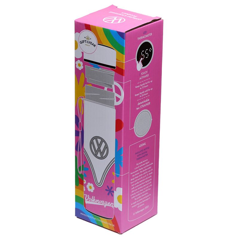 Volkswagen VW T1 Camper Bus Summer Love Thermal Drinks Bottle Digital Thermometer  Suitable for hot and cold drinks. Keeps liquids cold for up to 24 hours or warm for up to 6 hours. There is a removable tea strainer that sits in the top for loose tea leaves. Also comes with a handy strap. Volkswagen VW T1 Camper Bus Summer Love Reusable Stainless Steel Hot & Cold Thermal Insulated Drinks Bottle Digital Thermometer 450ml