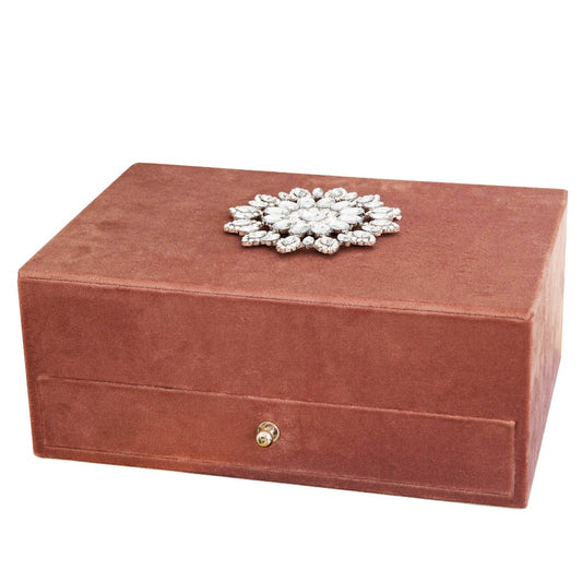 Dusky Pink Velvet Jewellery Box with Crystal Flower  Store those sparkly bits in style with this dusky pink velvet jewellery box with crystal encrusted flower on the lid