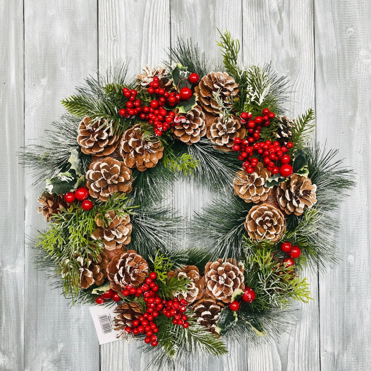Enchante Christmas Wreath - Snow Kissed Foliage  Beautiful Christmas Wreath - with pine cones, berries - all with a frosting of snow