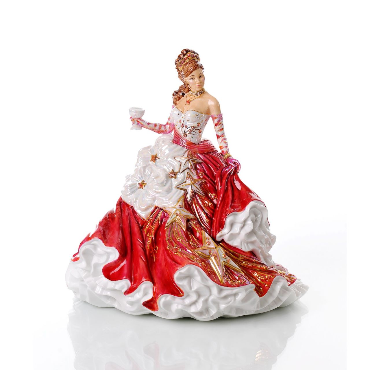 English Ladies Congratulations Ruby  With all her trademark flair and frills, Valerie has created the perfect canvas for Dan to show off his prodigious decorating skills, garnered over 40 years as a Prestige Painter at Royal Doulton.  Dan has pushed the boundaries on mixing colours to achieve previously unseen finishes, first on our beautiful Congratulations Gold figurine and now on this wonderful Ruby colourway.