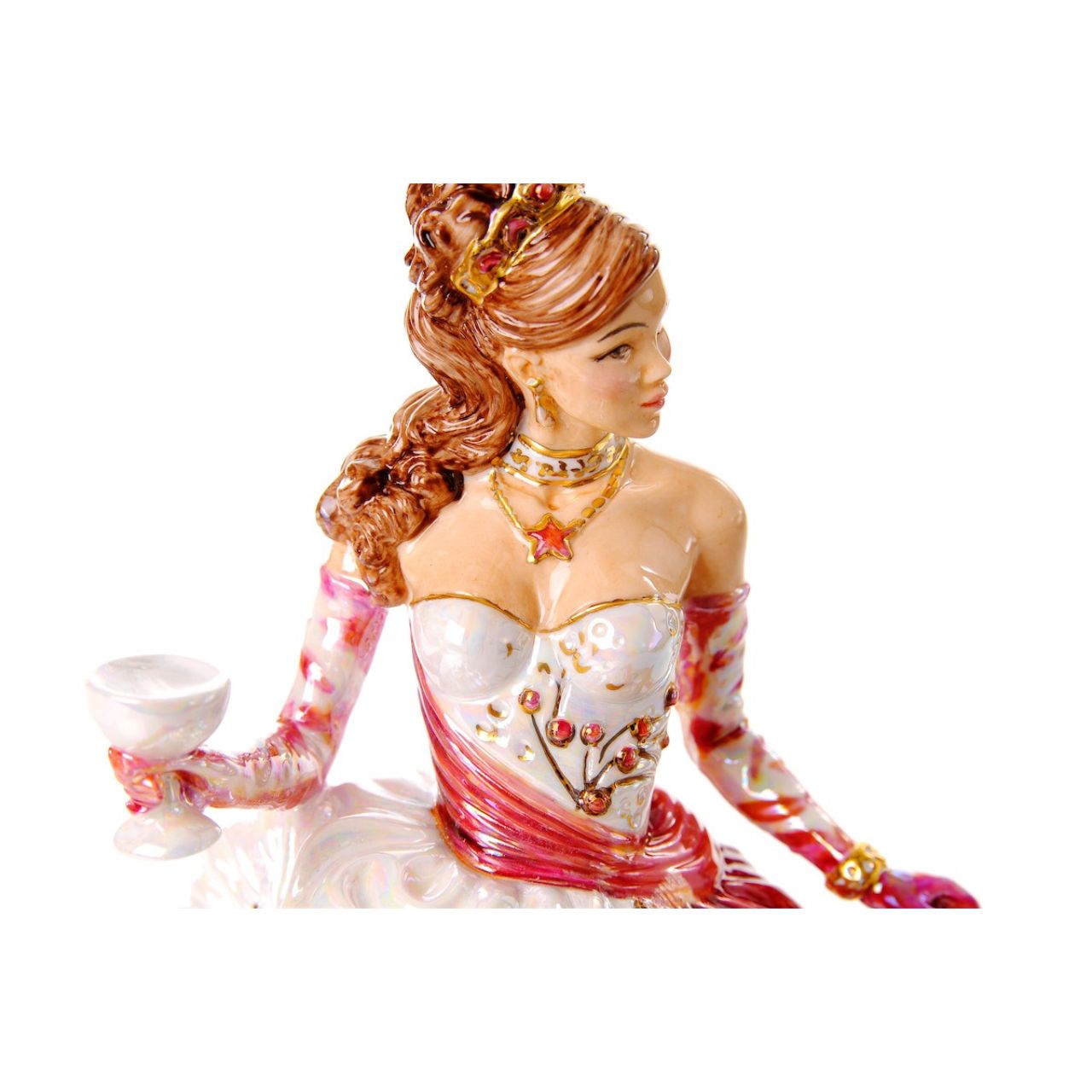 English Ladies Congratulations Ruby  With all her trademark flair and frills, Valerie has created the perfect canvas for Dan to show off his prodigious decorating skills, garnered over 40 years as a Prestige Painter at Royal Doulton.  Dan has pushed the boundaries on mixing colours to achieve previously unseen finishes, first on our beautiful Congratulations Gold figurine and now on this wonderful Ruby colourway.