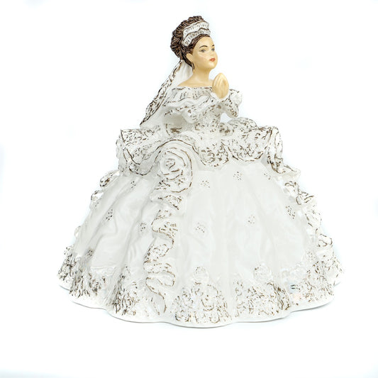 English Ladies Little Prayer Brunette  The latest addition to the Thelma Madine Collection! Introducing Little Prayer, available in Blonde or Brunette. Perfect to celebrate special communions and confirmations. Decorated with sparkling real platinum highlights and mother of pearl luster!
