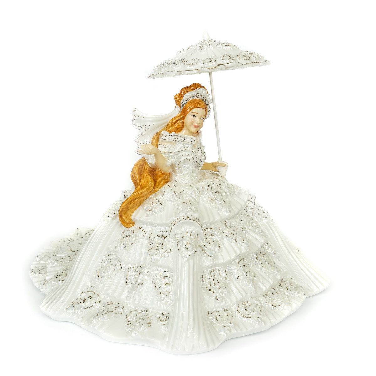 English Ladies Company Perfect Little Princess  Thelma Madine's flamboyant style is captured in our beautiful bone china figurines. Perfect Little Princess is the latest in our Communion range and our first Redhead! She is hand made and hand decorated by expert craftsmen and women, with elegant details of real platinum and Mother of Pearl lustre.
