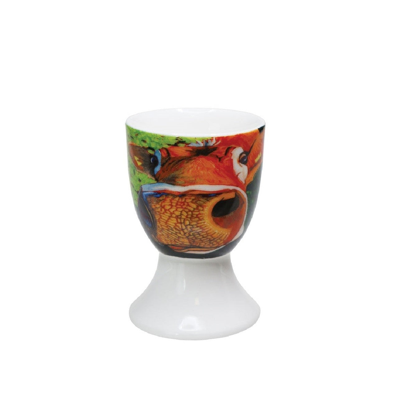 Eoin O'Connor Cow Egg Cup Set of Four  EOIN O’CONNOR’S eclectic style and striking use of colour makes his work instantly recognisable. While his command over scale and perspective is rooted in his architectural training, his passion remains firmly grounded in creating strikingly vibrant paintings which echo his unique view of Irish life.