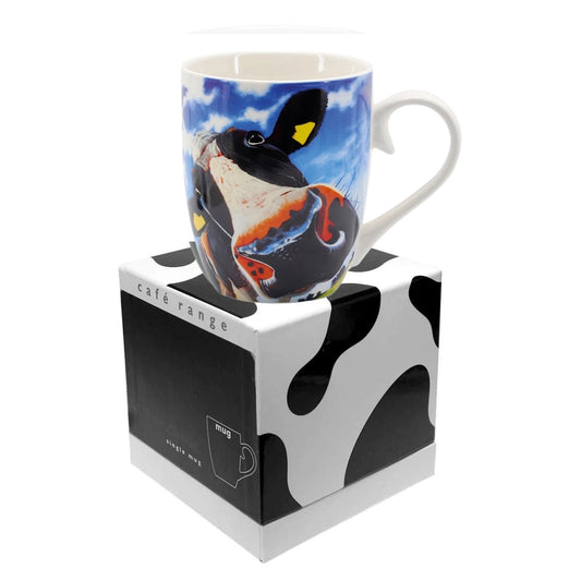 Eoin O'Connor - Snooty Cow Mug - NEW  EOIN O’CONNOR’S eclectic style and striking use of colour makes his work instantly recognisable. While his command over scale and perspective is rooted in his architectural training, his passion remains firmly grounded in creating strikingly vibrant paintings which echo his unique view of Irish life.