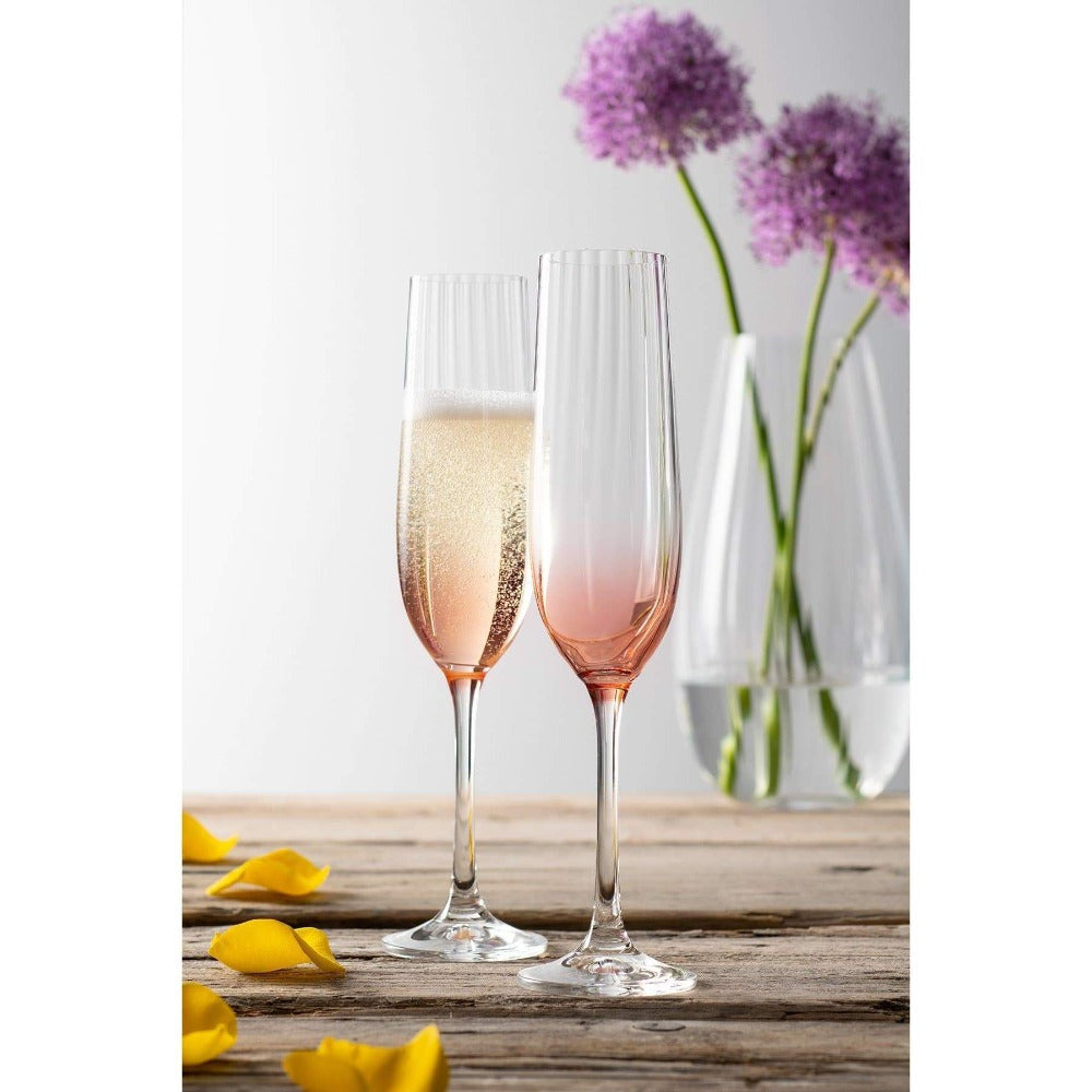 Galway Crystal Erne Champagne Flute Glass Pair Blush  These beautifully crafted Galway Crystal flute glasses with a blush coloured base are essential glasses for your home and are designed for fine Champagne lovers.