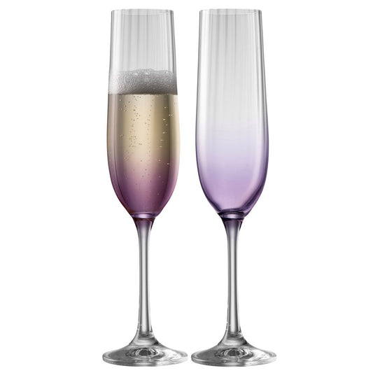 Galway Crystal Erne Champagne Flute Pair Amethyst  These beautifully crafted Galway Crystal flute glasses with a Amethyst coloured base are essential glasses for your home and are designed for Champagne lovers.