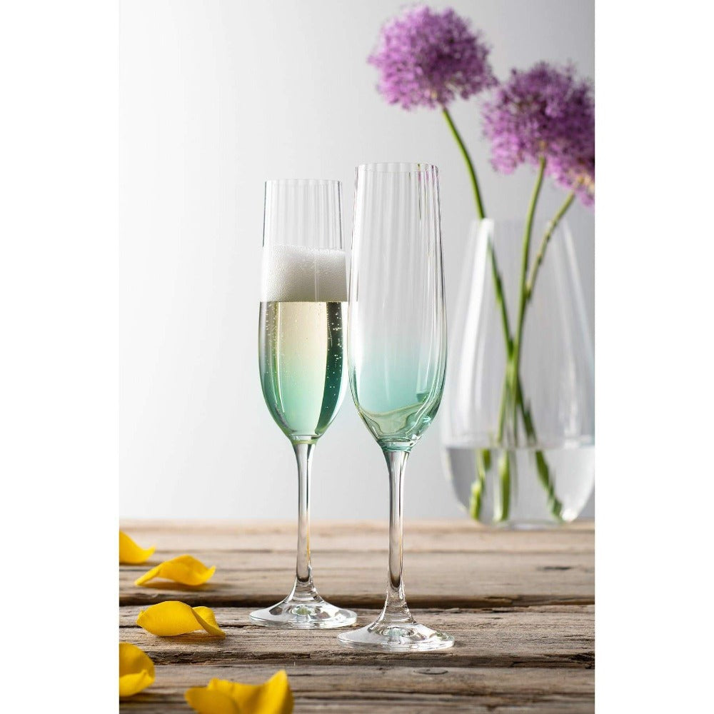 Galway Crystal Erne Champagne Flute Pair Aqua  These beautifully crafted Galway Crystal flute glasses with a Aqua coloured base are essential glasses for your home and are designed for Champagne lovers. 