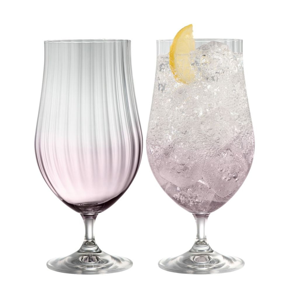 Galway Crystal Erne Craft Beer/Cocktail Glass Pair Amethyst  You are going to want a set of our beautifully designed Craft Beer/Cocktail Glass Pair for your drink cupboard. The Amethyst coloured base and elegant tulip glass shape along with the Erne pattern displays light lines along the body adding a modern and stylish finish.