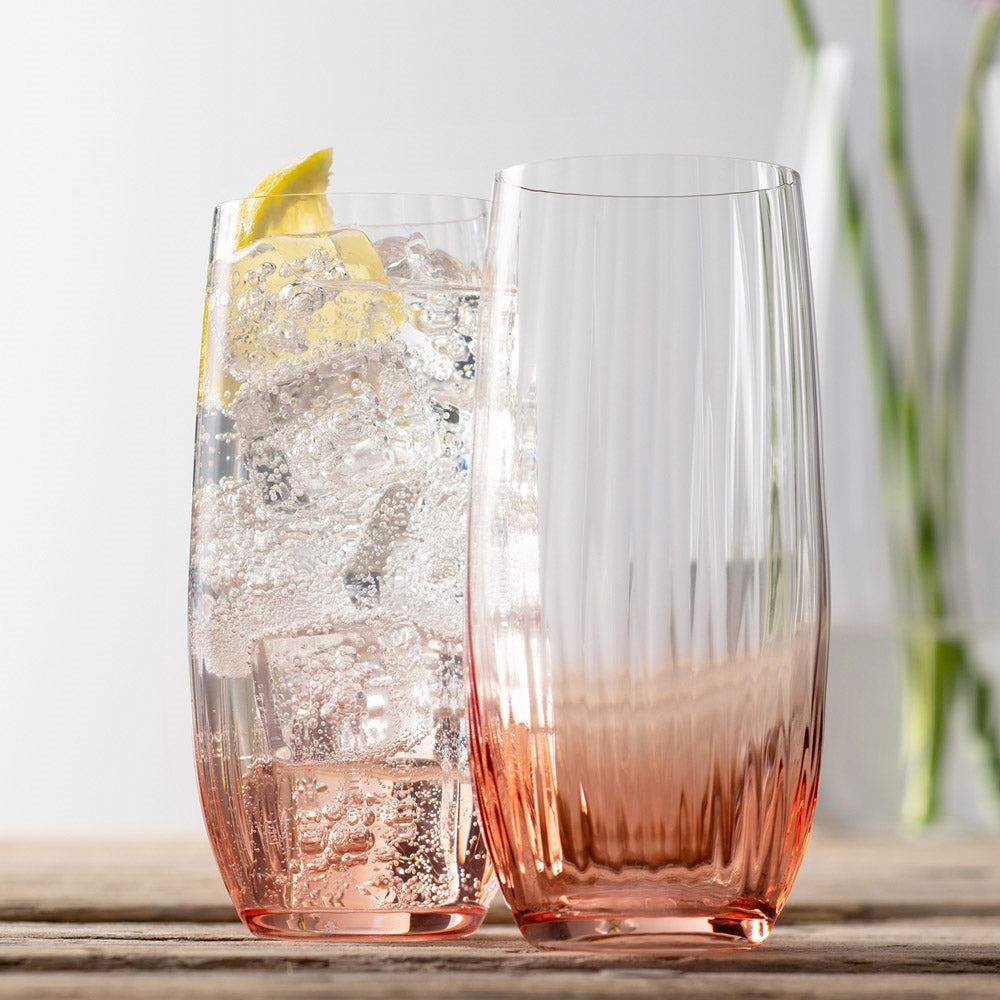 Galway Crystal Erne Hiball Glass Pair Blush  Blush hiball glasses in the Erne suite from Galway Irish Crystal. Tall hiball glasses with an elegant lines design in a light blush colour. Perfect for the cocktail or whiskey lover and ideal for everyday use or as a gift.
