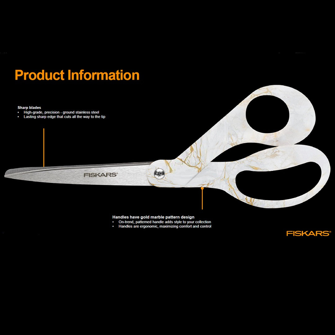Fiskars Universal Scissors Special Edition Gold Marble  These limited edition, general purpose, scissors are made from high-grade, precision-ground stainless steel, giving them a long lasting sharp edge which cuts all the way to the tip.