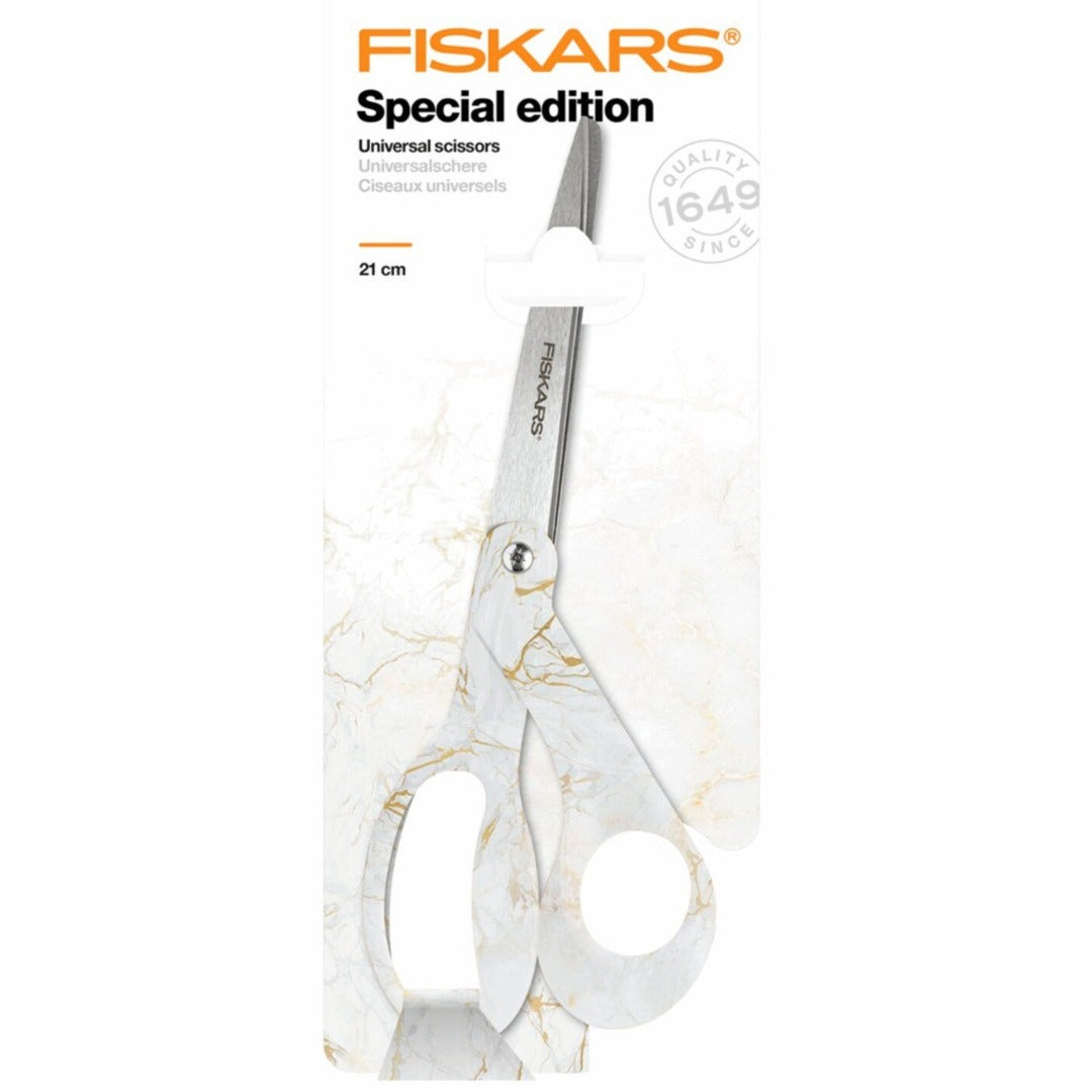 Fiskars Universal Scissors Special Edition Gold Marble  Universal Scissors 21 cm  These limited edition, general purpose, scissors are made from high-grade, precision-ground stainless steel, giving them a long lasting sharp edge which cuts all the way to the tip. The handles are ergonomically designed, maximising comfort and control.