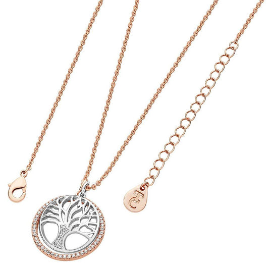 Tipperary Crystal Floating Tree Of Life Cz Circle Rose Gold  This unique pendant mixes Rose Gold and Silver plating to create a stylish piece. The outer ring is inset with cubic zirconia crystals along the circumference and the separate centerpiece is silver plated highlighting the Tree of Life.