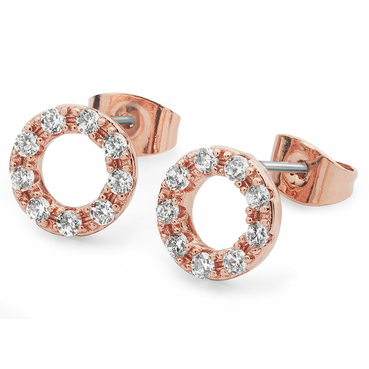 Tipperary Crystal Forever Moon Earrings Rose Gold  These sophisticated clear crystal stud earrings are the perfect accompaniment to the Forever moon pendant. Each rose gold post earring features an open circle fully lined with 24 dazzling clear cut crystals and comfortably secured with push backs.