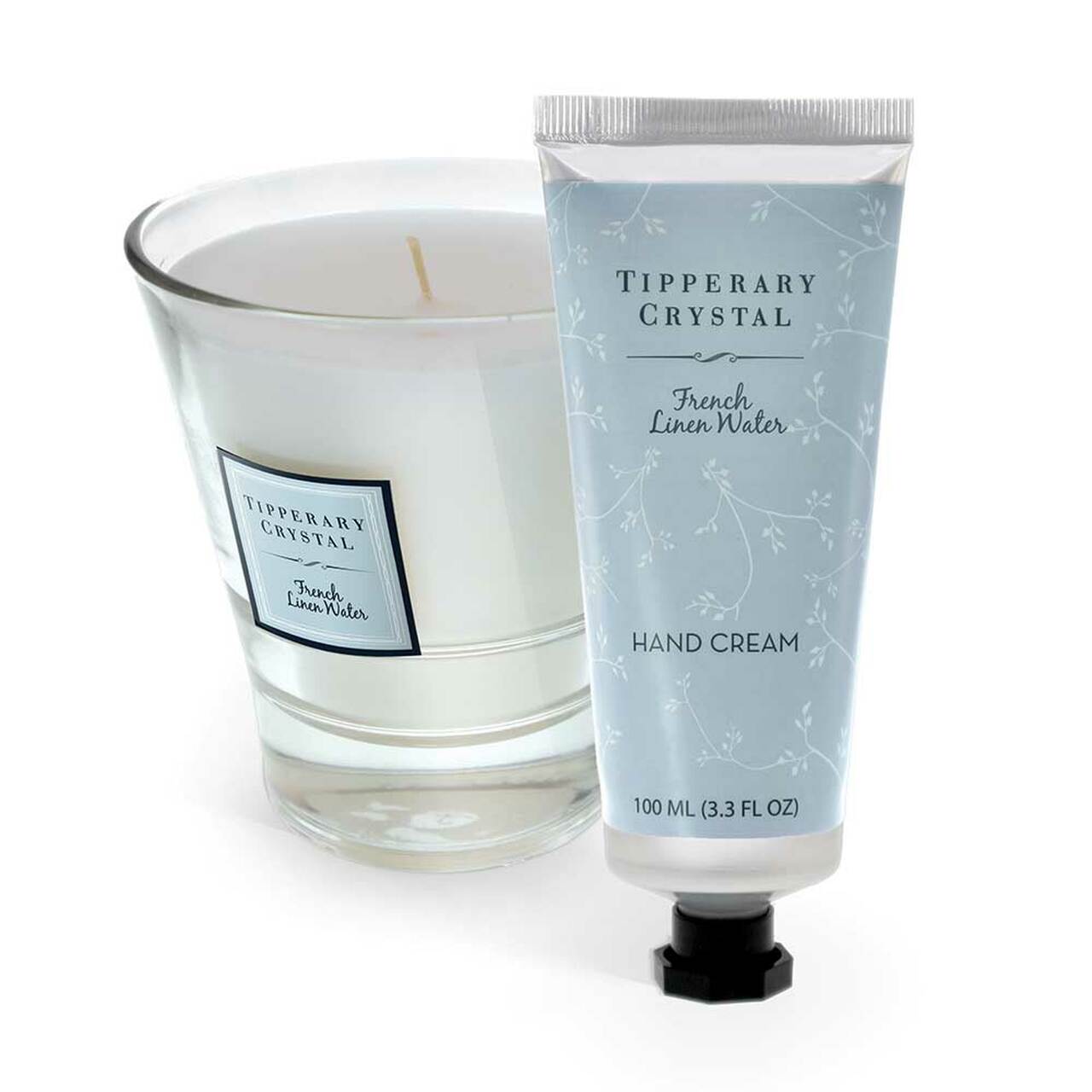 Tipperary Crystal French Linen Candle & Hand Cream Set