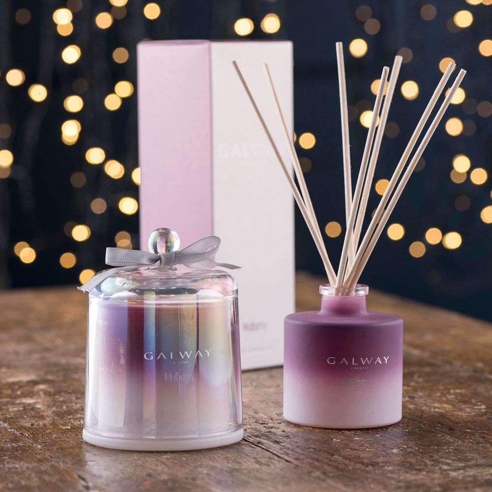 Galway Crystal Mulberry Gift Set  Transport yourself to a special place with the perfect fragrance for your home. Our Mulberry scent will transform any room and certainly set the right mood. Bright citrus notes of bergamot and lemon peel are blended with mulberry and fig leaf.