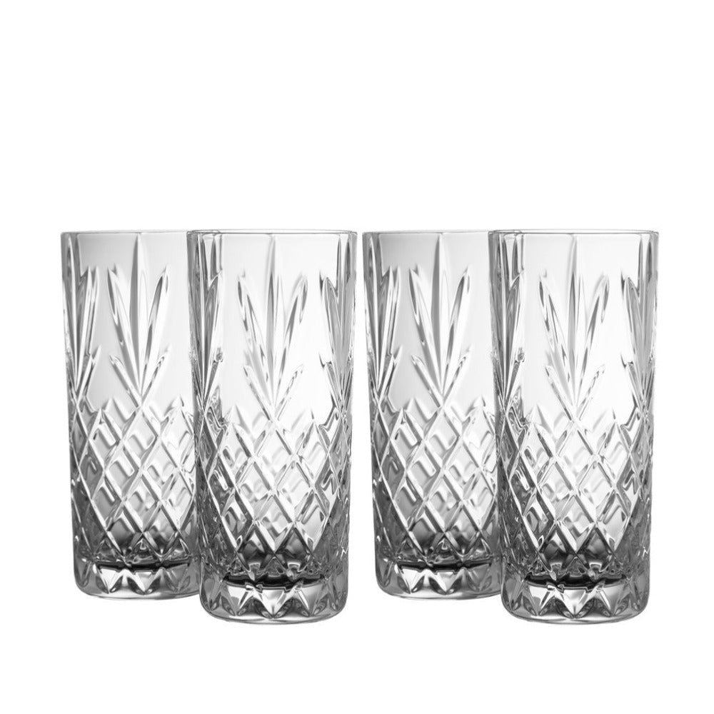 Galway Crystal Renmore Hiball Set of 4  The Galway Crystal hiball glasses are cut in the Renmore pattern and are ideal for beautiful cocktails and iced mixed drinks. The diamond pattern shines in these heavy cut glasses making them a stunning addition to any home or gathering.