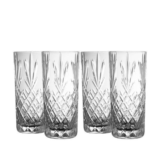 Galway Crystal Renmore Hiball Set of 4  The Galway Crystal hiball glasses are cut in the Renmore pattern and are ideal for beautiful cocktails and iced mixed drinks. The diamond pattern shines in these heavy cut glasses making them a stunning addition to any home or gathering.