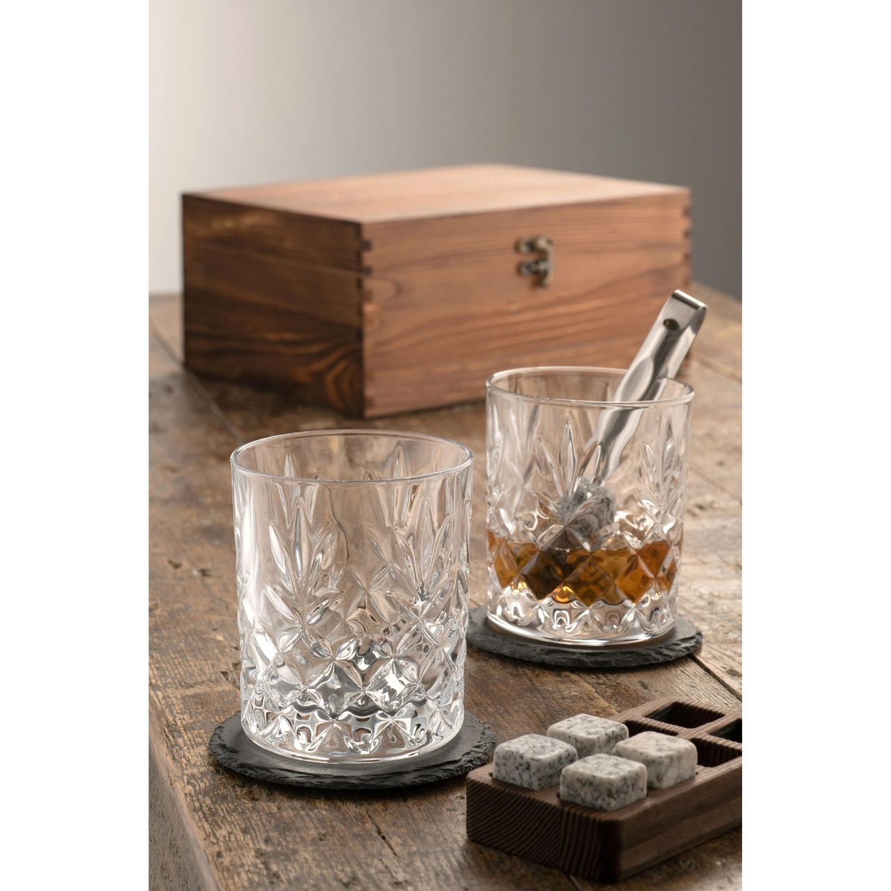 Renmore Wooden Boxed Whiskey Set by Galway Crystal  The Renmore wooden boxed whiskey gift set is the ultimate gift set for any whiskey enthusiast. All whiskey lovers will feel like they are the classiest whiskey drinker around with our stunning set.