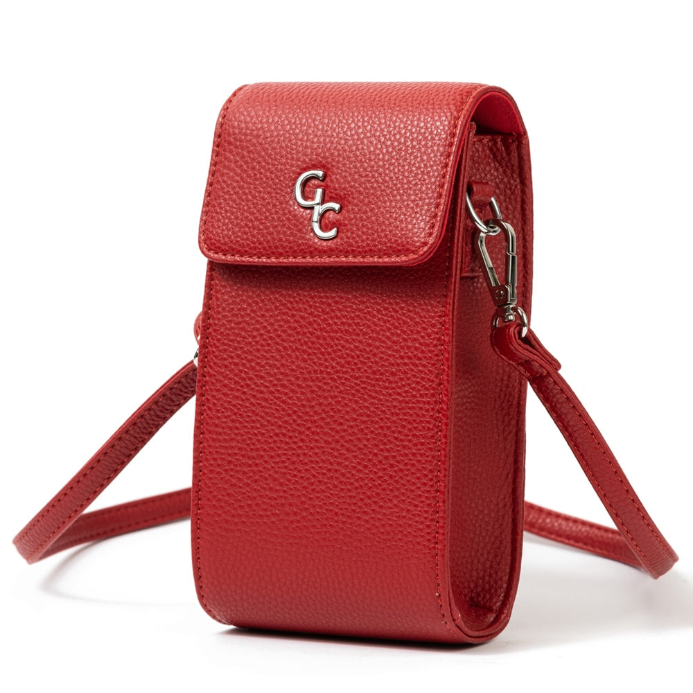 Galway Crystal Fashion Mini Crossbody Handbag - Red  Introducing the new must have accessory that is truly functional. Our Lightweight, Slim, Sleek, Crossbody bag is designed to hold the most essential accessory: Your mobile phone.