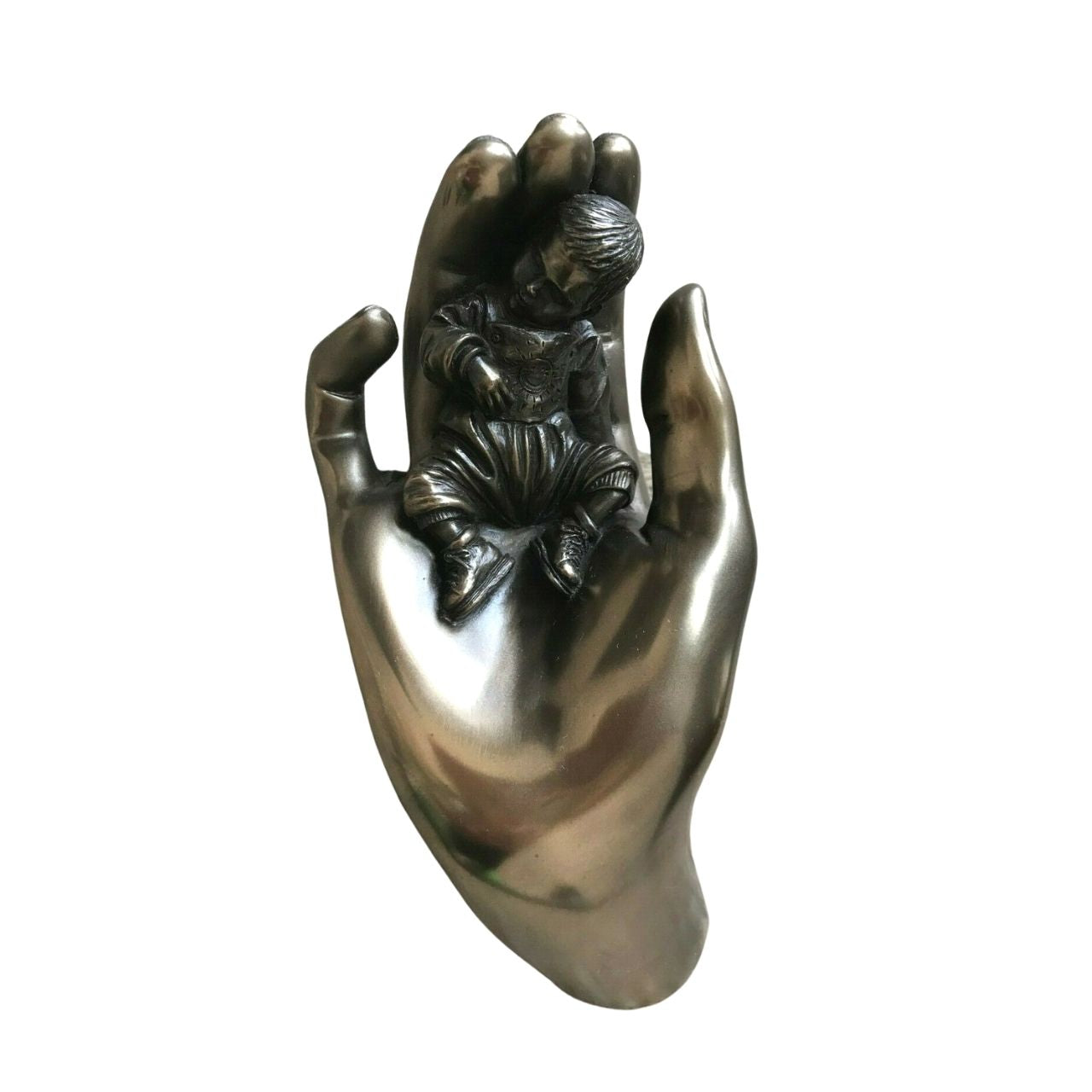 Genesis Caring Baby Boy  Beautifully crafted in cold cast bronze this wonderful baby figurine from the craftsmen of Genesis Fine Arts depicts the sleeping baby boy carefully curled up in a mothers caring hand.  Caring Baby Boy, birth or christening gift.