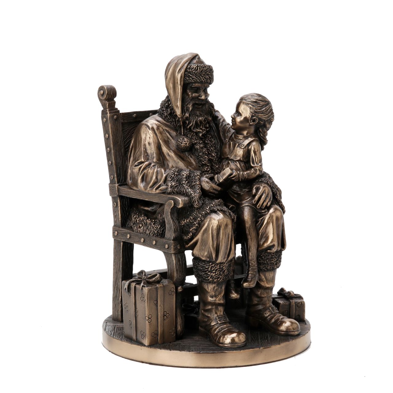 Visit to Santa by Genesis  Bring the magic of Christmas to your home this festive season. - Genesis Bronze Christmas Ornament depicting a little girl's visit to Santa. - This beautifully crafted sculpture would make a wonderful gift.