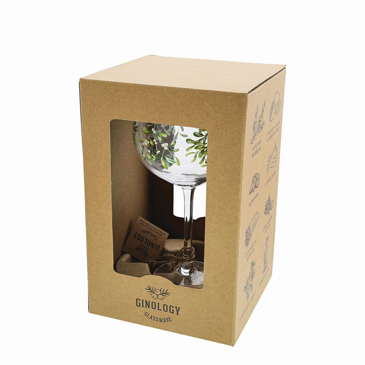 Ginology Christmas Mistletoe Copa Gin Glass  Declare your love through our Mistletoe Copa Gin glass, a great gift for a loved one paired with their favourite bottle of gin. Hanging mistletoe tied with ribbon runs around this glass in beautiful two toned green.