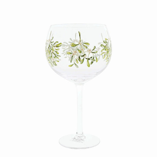 Ginology Christmas Mistletoe Copa Gin Glass  Declare your love through our Mistletoe Copa Gin glass, a great gift for a loved one paired with their favourite bottle of gin. Hanging mistletoe tied with ribbon runs around this glass in beautiful two toned green.