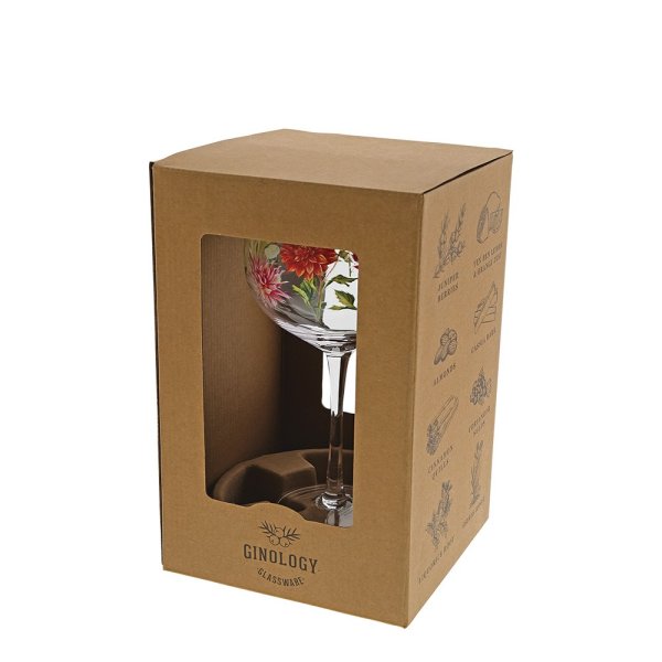 Ginology Dahlia Copa Gin Glass  The Dahlia is the perfect flower to express your love and there is no better way to show it than pairing our Dahlia Copa Gin glass with their favourite bottle of drink. Beautiful reds, pinks and yellows surrounded with green eucalyptus